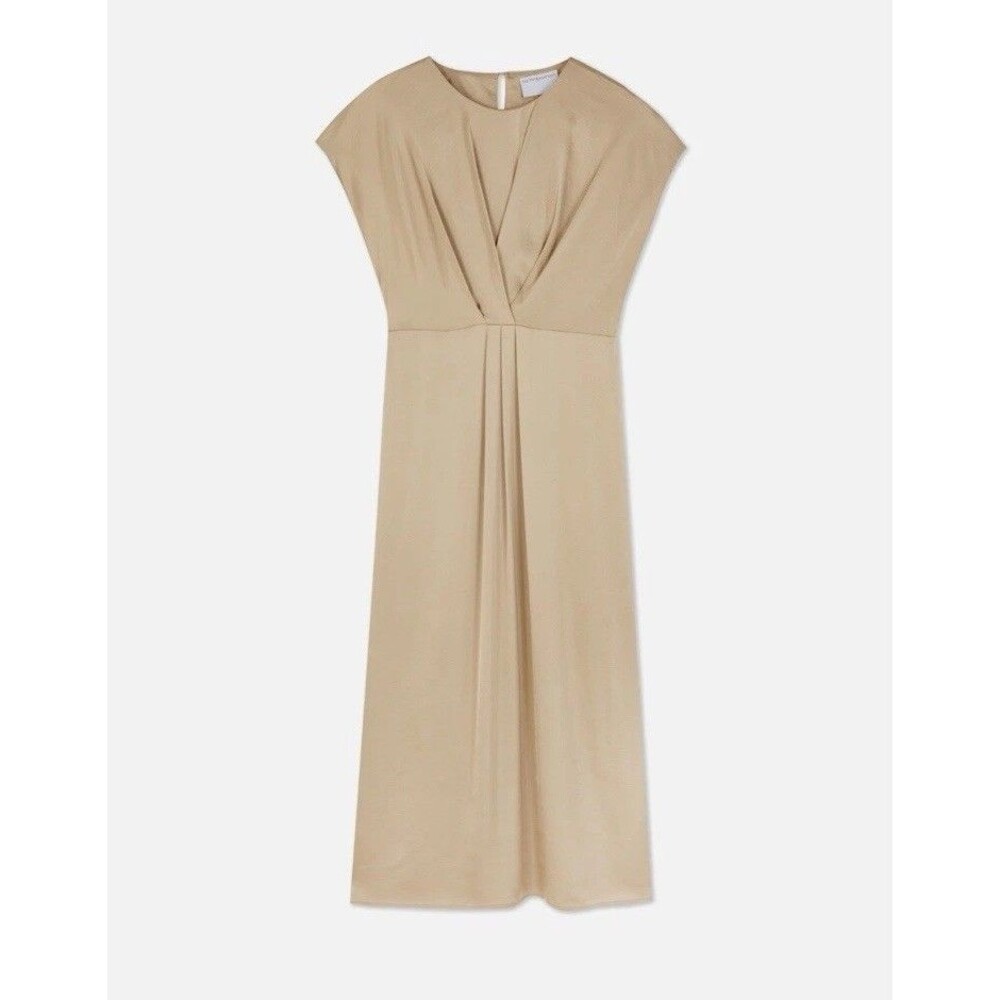 Golden-Beige Satin-like Midi V-neckline Short Sleeves Stretch Dress Sz XS Fits S